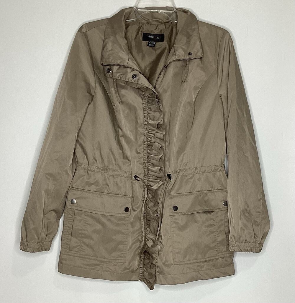 Style & Co Women’s Size M Lightweight Tan Jacket Drawstring Waist Ruffle Zip-Up